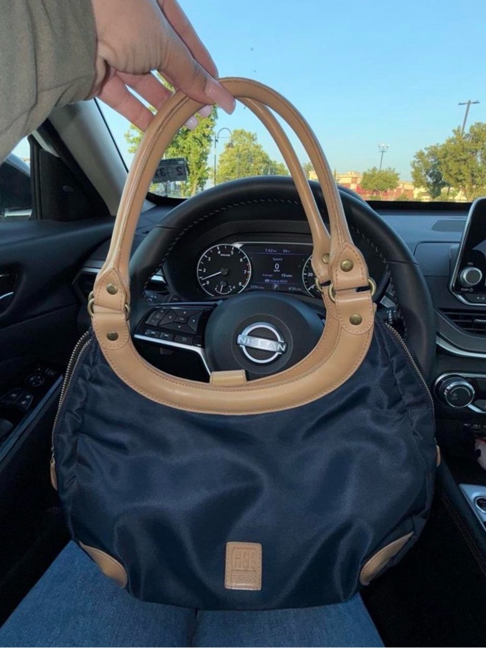 Gianfranco Ferre Navy Shoulder Bag with Tan Leather Handles
